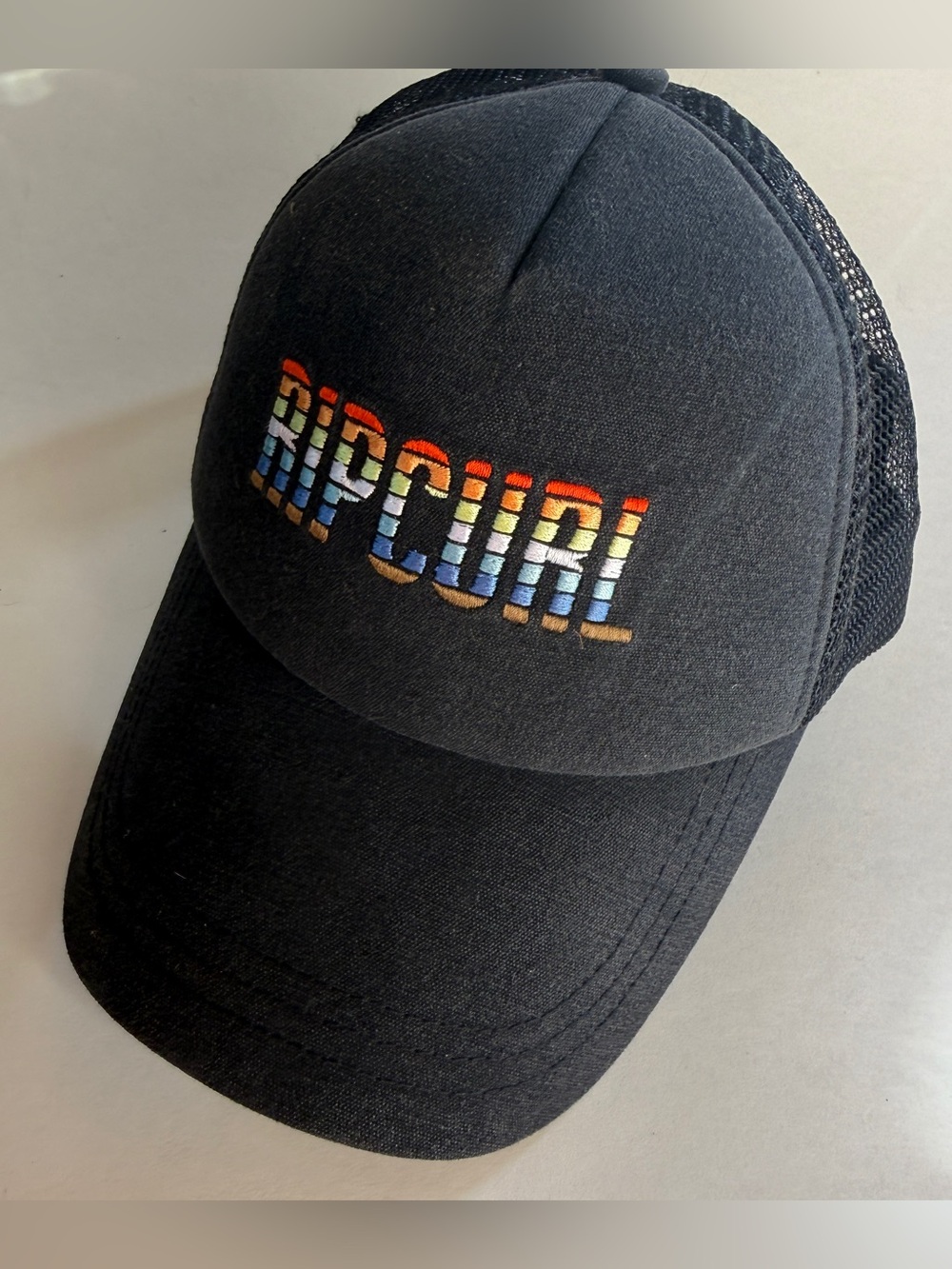 Rip Curl Black Hat with Multicolor Stripe Logo womens rainbow embroidered cap